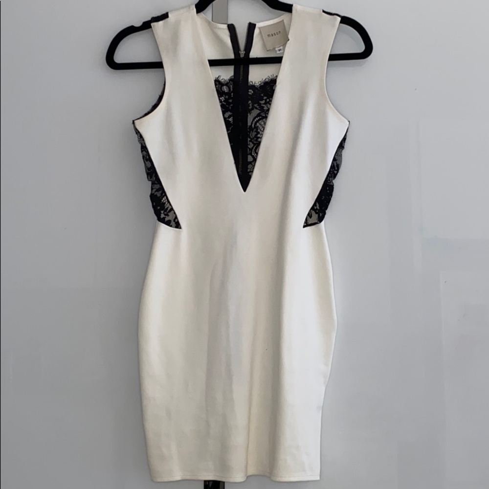 Mason white bodycon dress with black lace